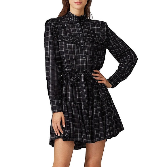 Rebecca Taylor Dresses & Skirts - Rebecca Taylor La Vie Drapey Black Plaid Ruffle Long Sleeve Dress